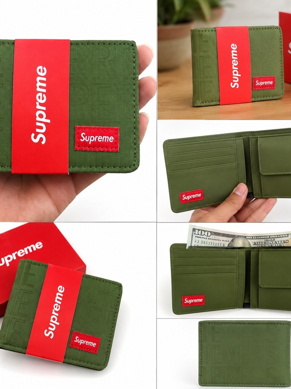 Supreme Olive Green Bifold Wallet with Red Logo Patch